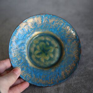 Signed Enamel Copper Plate Dish Turquoise and Green